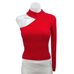 Naf Naf Red One Shoulder Long Sleeve Mock Neck Rib Knit Crop Sweater Top Size L